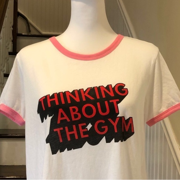 WILD FOX Pink Contrast Trim Thinking About Going To The Gym Slogan Tee Sz MD NWT - Picture 12 of 13